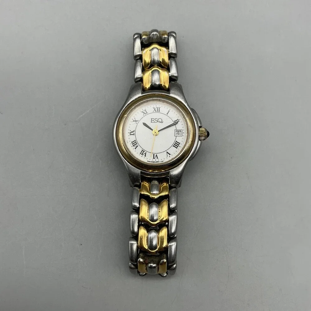 ESQ Womens Watch 26mm Gold Silver Tone Stainless Date Swiss New Battery 5.75